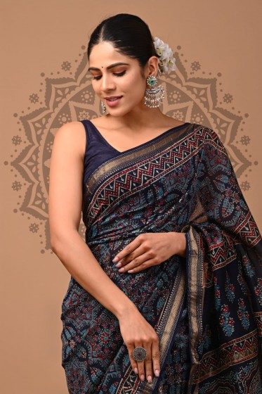  Maheshwari Silk Saree - Hand Block Blue Mandala 